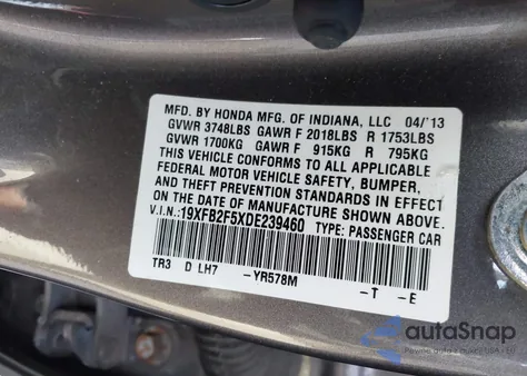 2013 Honda Civic Lx z USA, uszkodzony, nr VIN 19XFB2F5XDE239460